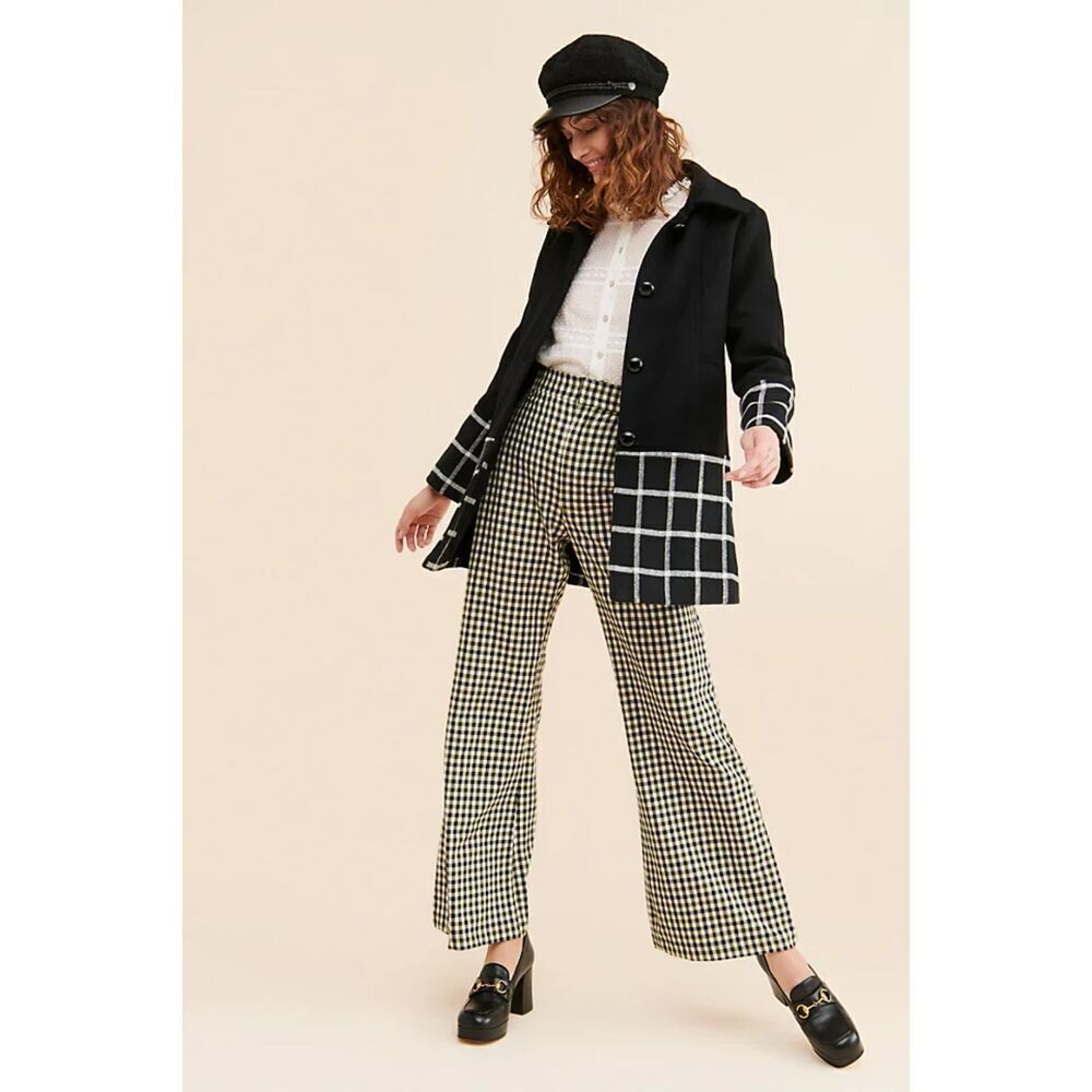 HUTCH Womens Coat Medium Black Wool Peacoat Windowpane Check Button Up Plaid
